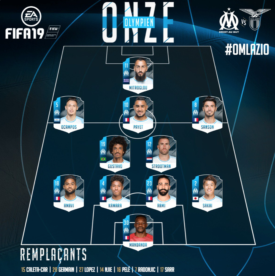 Marseille starting eleven to play Lazio, Source - OlympiquedeMarseilleOfficial