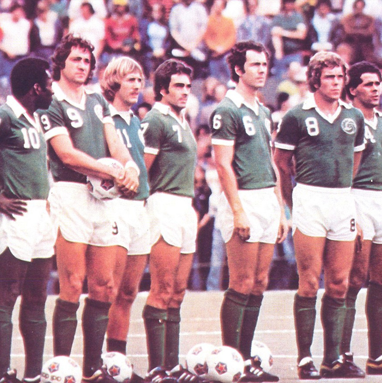 Giorgio Chinaglia (9) standing next to Pele (10) with the New York Cosmos, Source- Wikimedia