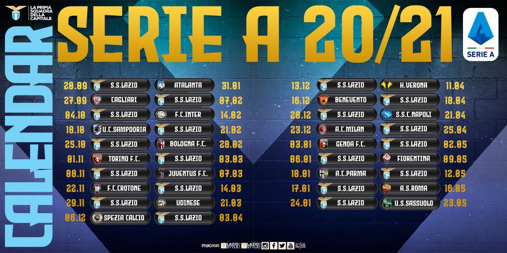 Lazio's 2020/21 Serie A Calendar, Source- Official S.S. Lazio