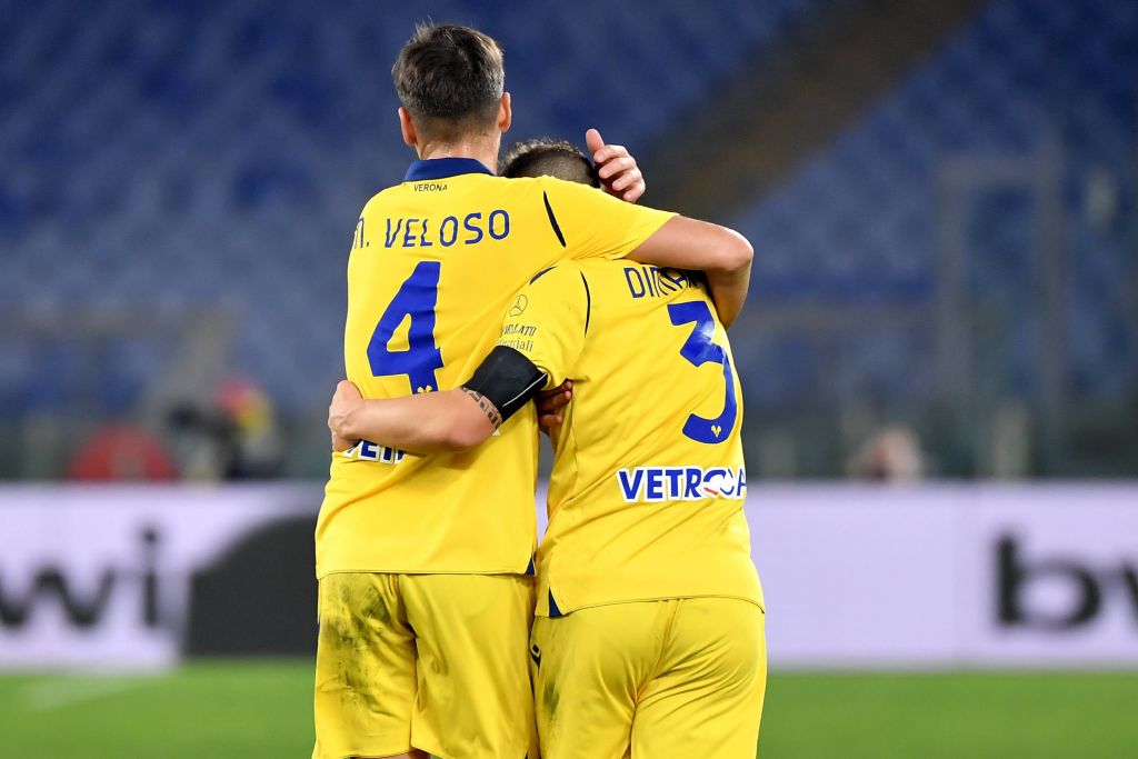 Federico Dimarco of Hellas Verona celebrates with Miguel Veloso after his shot was deflected by Manuel Lazzari of SS Lazio for the goal of 0-1 during the Serie A football match between SS Lazio and Hellas Verona at Olimpico Stadium in Roma Italy, December 12th, 2020. Photo Antonietta Baldassarre / Insidefoto antoniettaxbaldassarre