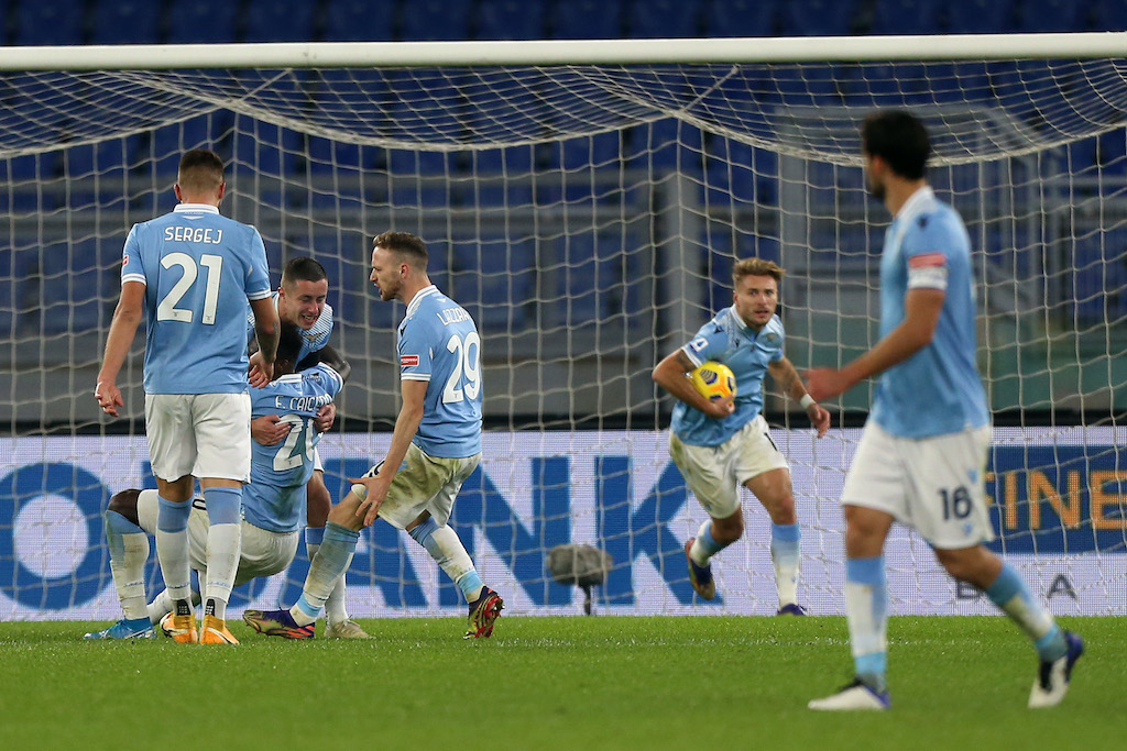 ROME, ITALY - DECEMBER 12: Felipe Caicedo of SS Lazio (hidden) celebrates with teammates after scoring their team's first goal during the Serie A match between SS Lazio and Hellas Verona FC at Stadio Olimpico on December 12, 2020 in Rome, Italy. Sporting stadiums around Italy remain under strict restrictions due to the Coronavirus Pandemic as Government social distancing laws prohibit fans inside venues resulting in games being played behind closed doors. (Photo by Paolo Bruno/Getty Images)