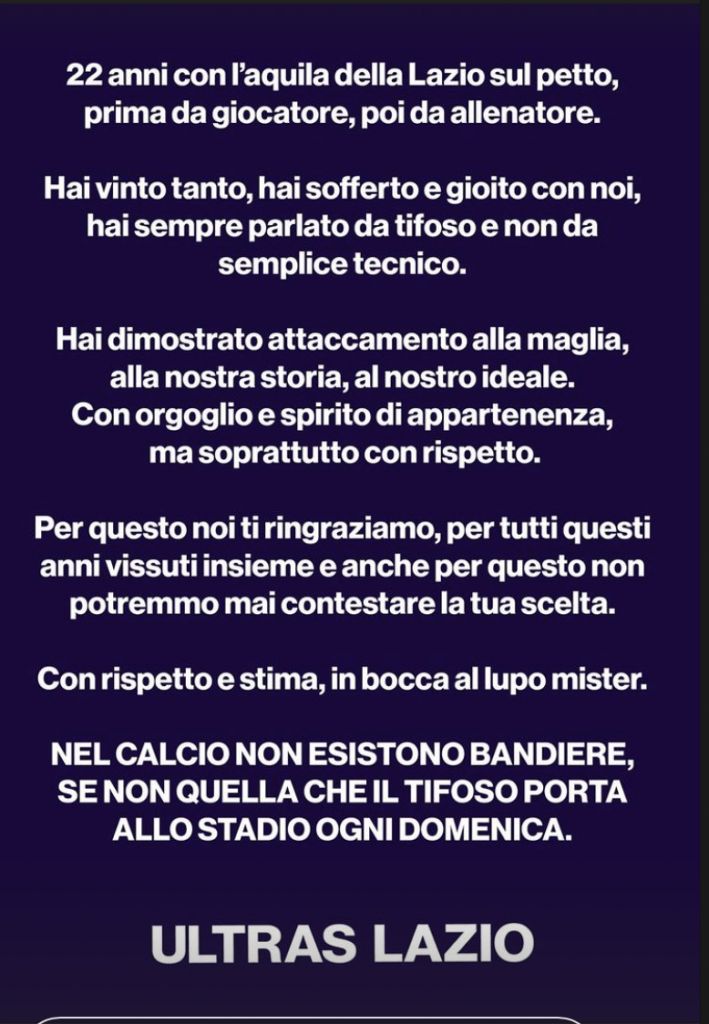 Lazio Ultras statement regarding Inzaghi departure