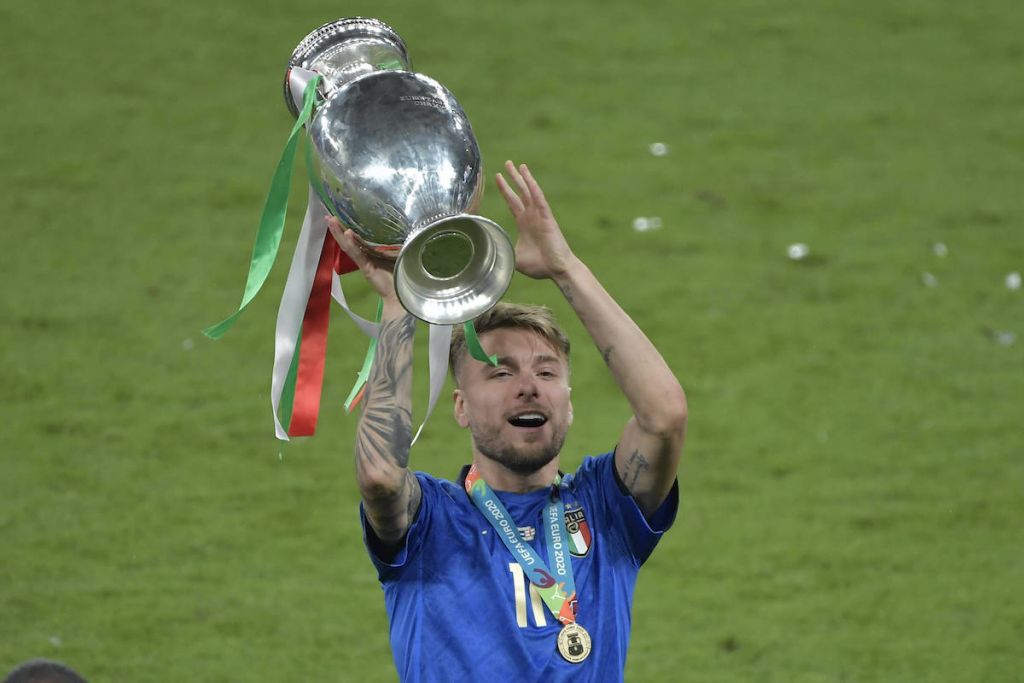 Ciro Immobile of Italy celebrates for victory of the UEFA EURO, EM, Europameisterschaft,Fussball 2020 Final football match between Italy and England at Wembley stadium in London England, July 11th, 2021. Photo Andrea Staccioli / Insidefoto andreaxstaccioli