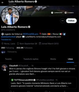 Luis Alberto likes Tweet mocking coach Maurizio Sarri's comments after Lazio vs Olympique Marseille