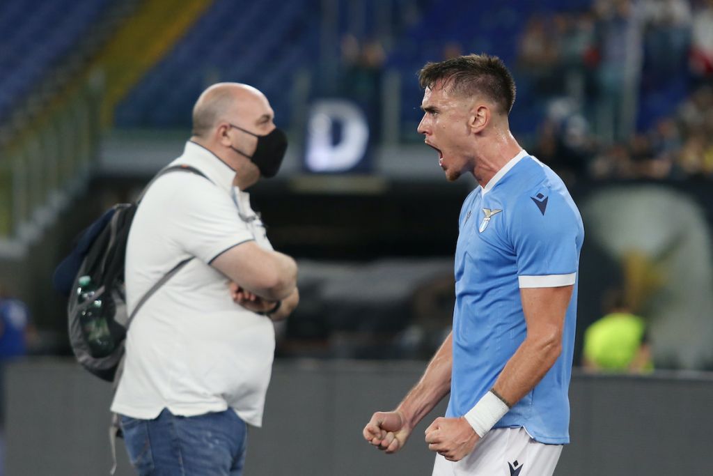 Patric of SS Lazio celebrates after scoring their sides second goal during the UEFA Europa League group E match between SS Lazio and Lokomotiv Moskva at Olimpico Stadium on September 30