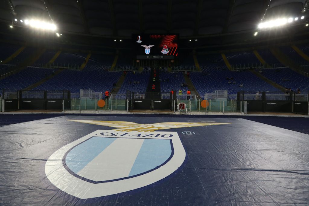 ROME, ITALY - SEPTEMBER 30: A detailed view of SS Lazio club badge on the pitch prior to the UEFA Europa League group E match between SS Lazio and Lokomotiv Moskva at Olimpico Stadium on September 30, 2021 in Rome, Italy. (Photo by Paolo Bruno/Getty Images)