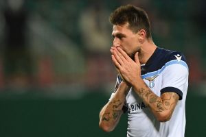 Lazio defender Francesco Acerbi reacts during the UEFA Europa League football match between Lokomotiv Moscow and Lazio at Moscow's Lokomotiv Stadium on November 25, 2021. (Photo by Kirill KUDRYAVTSEV / AFP) (Photo by KIRILL KUDRYAVTSEV/AFP via Getty Images)