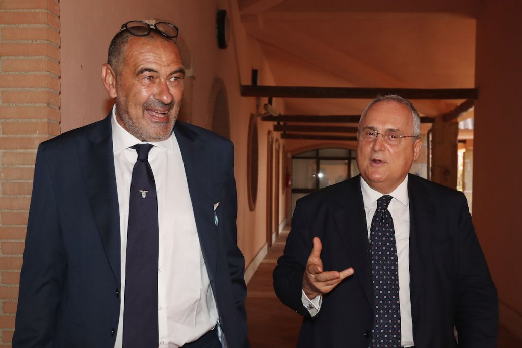 ROME, ITALY - JULY 09: (R-L) SS Lazio President Claudio Lotito and the SS Lazio new head coach Maurizio Sarri look on before the press conference at Formello sport centre on July 9, 2021 in Rome, Italy. (Photo by Paolo Bruno/Getty Images)