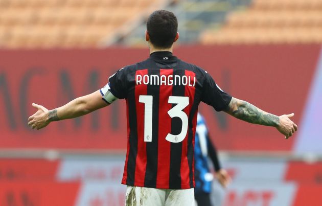 MILAN, ITALY - FEBRUARY 21: Alessio Romagnoli of AC Milan gestures during the Serie A match between AC Milan and FC Internazionale at Stadio Giuseppe Meazza on February 21, 2021 in Milan, Italy. (Photo by Marco Luzzani/Getty Images)