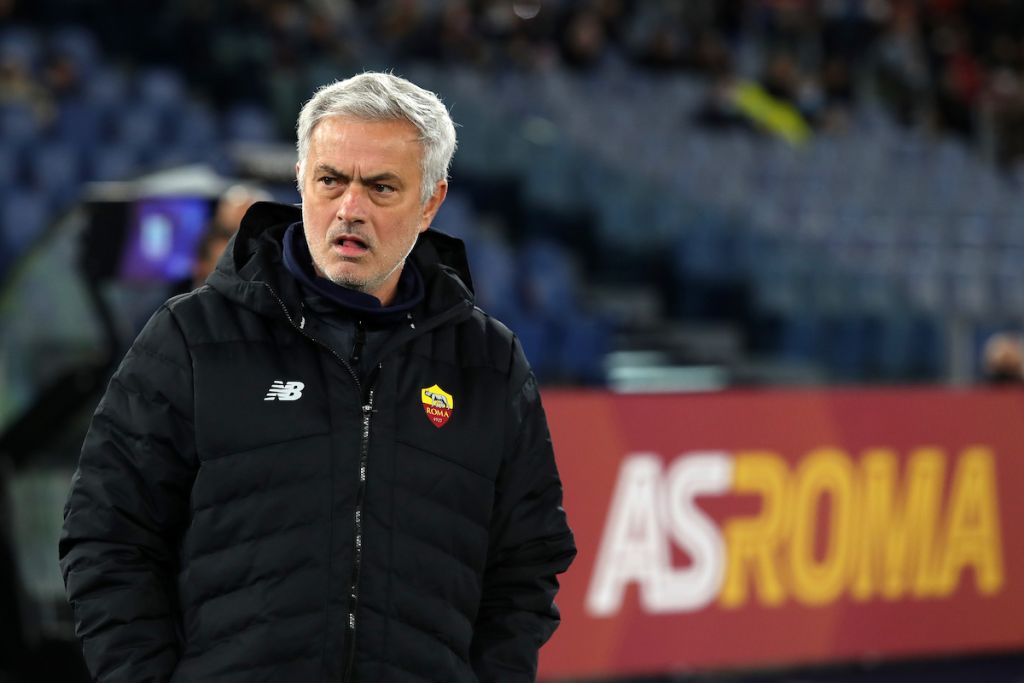 Jose Mourinho, Head Coach of AS Roma looks on prior to the Serie A match between AS Roma and Torino FC at Stadio Olimpico on November 28, 2021 in Rome, Italy.