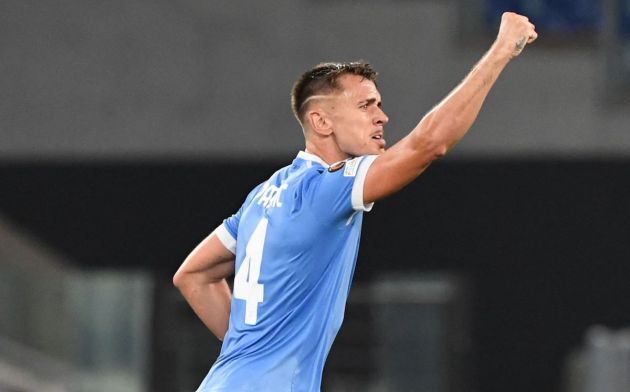 Lazio Spanish defender Patric Gil (R) celebrates after scoring his team's second goal during the UEFA Europa League Group E football match between Lazio Rome and Lokomotiv Moscow on September 30, 2021 at the Olympic stadium in Rome.