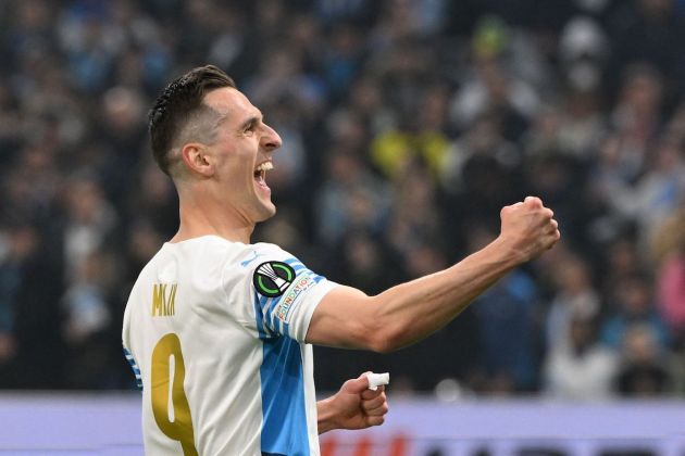Olympique Marseille forward Arkadiusz Milik celebrates scoring his team's first goal during the UEFA Europa Conference League match between Marseille (OM) and FC Basel at the Velodrome stadium in Marseille, southern France, on March 10, 2022.