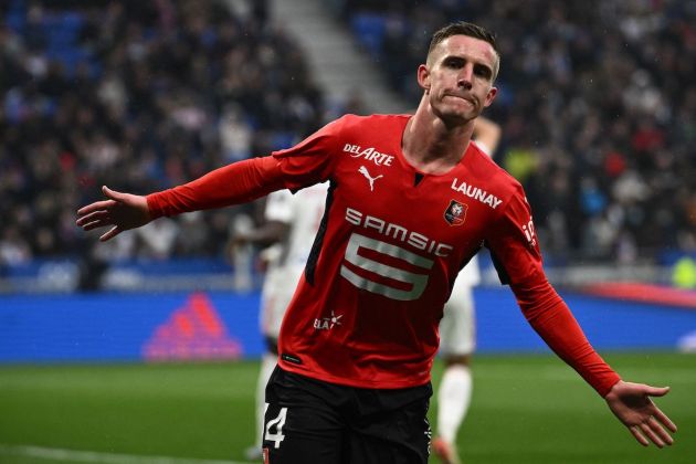Stade Rennais midfielder Benjamin Bourigeaud celebrates after scoring a goal during the French L1 football match between Lyon and Rennes at the Groupama stadium in Decines-Charpieu, near Lyon, on March 13, 2022. (Photo by JEFF PACHOUD / AFP) (Photo by JEFF PACHOUD/AFP via Getty Images)