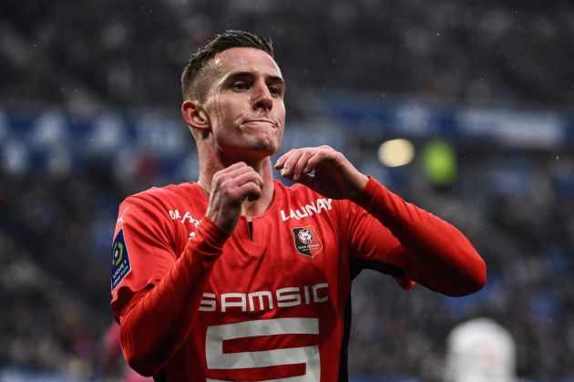 Stade Rennais midfielder Benjamin Bourigeaud celebrates after scoring a goal during the French L1 football match between Lyon and Rennes at the Groupama stadium in Decines-Charpieu, near Lyon, on March 13, 2022. (Photo by JEFF PACHOUD / AFP) (Photo by JEFF PACHOUD/AFP via Getty Images)