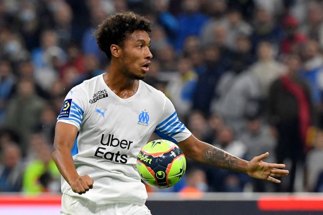 Marseille's French defender Boubacar Kamara controls the ball during the French L1 football match between Olympique de Marseille (OM) and FC Lorient at Stade Velodrome in Marseille, southern France on October 17, 2021.