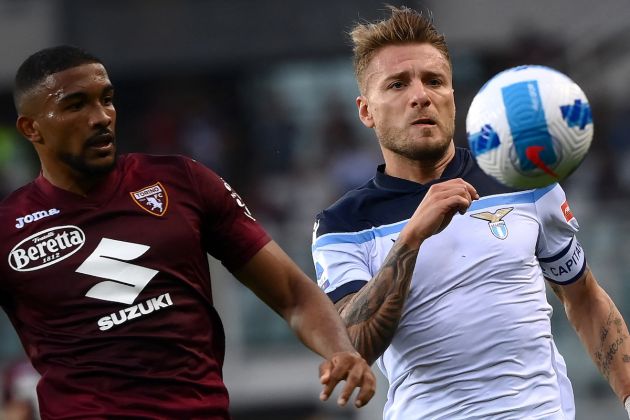 Torino Brazilian defender Bremer (L) fights for the ball with Lazio Italian forward Ciro Immobile during the Italian Serie A football match between Torino FC and SS Lazio on September 23, 2021, at the Grande Torino Stadium in Turin