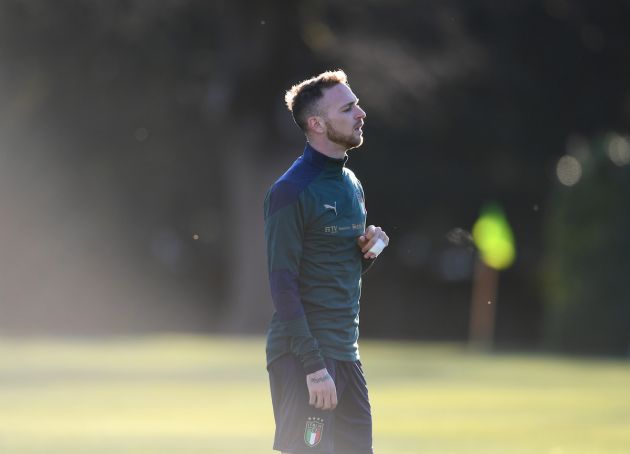 Manuel Lazzari of Italy looks on during an Italy training sessionat Centro Tecnico Federale di Coverciano on March 22, 2021 in Florence