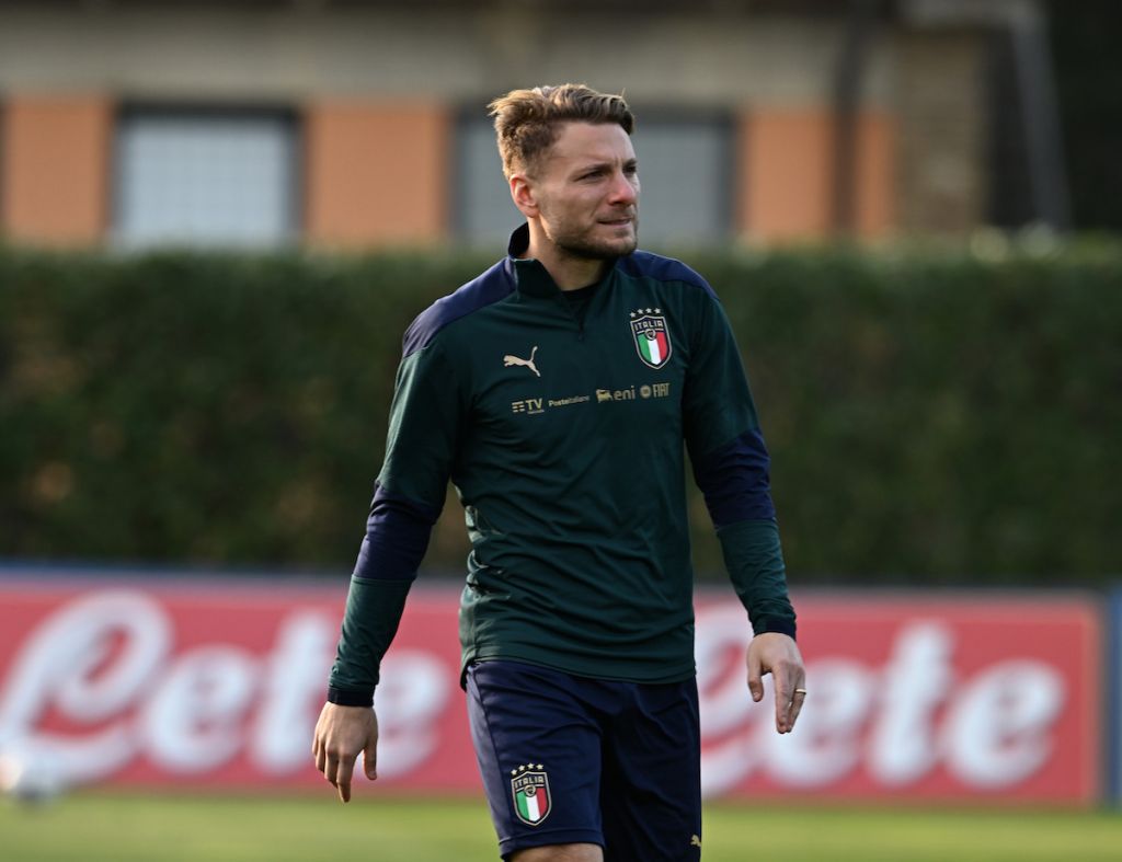 FLORENCE, ITALY - MARCH 26: Ciro Immobile of Italy in action during a Italy training session at Centro Tecnico Federale di Coverciano on March 26, 2022 in Florence, Italy. (Photo by Claudio Villa/Getty Images)