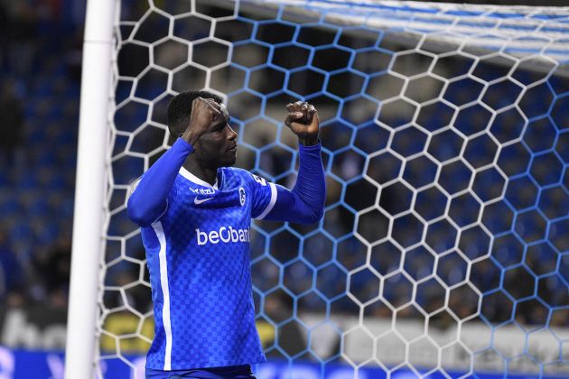 Genk striker Paul Onuachu celebrates after winning a soccer match between KRC Genk and KAS Eupen, Sunday 03 April 2022 in Genk, on day 33 of the 2021-2022 'Jupiler Pro League' first division of the Belgian championship. BELGA PHOTO JOHAN EYCKENS (Photo by JOHAN EYCKENS / BELGA MAG / Belga via AFP) (Photo by JOHAN EYCKENS/BELGA MAG/AFP via Getty Images)