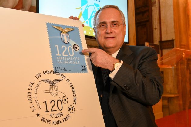 President of SS Lazio Claudio Lotito shows a commemorative stamp during the ceremony for the 120th Anniversary of the SS Lazio at Castel Sant'Angelo on January 8, 2020 in Rome, Italy.