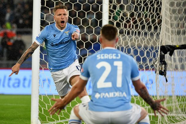 Ciro Immobile celebrates after scoring a goal Serie A match between SS Lazio and AC Milan at the Stadio Olimpico in Rome. Rome, 24 April 2022 © Marco Rosi / Fotonotizia