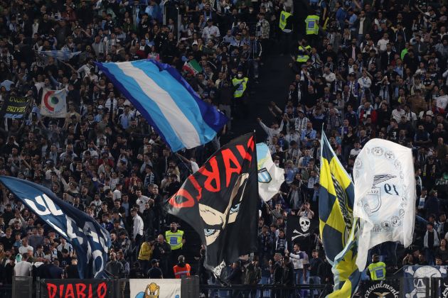 A general view of Lazio ultras waving flag prior to kick off of the Serie A match between SS Lazio and Torino FC at Stadio Olimpico on April 16, 2022