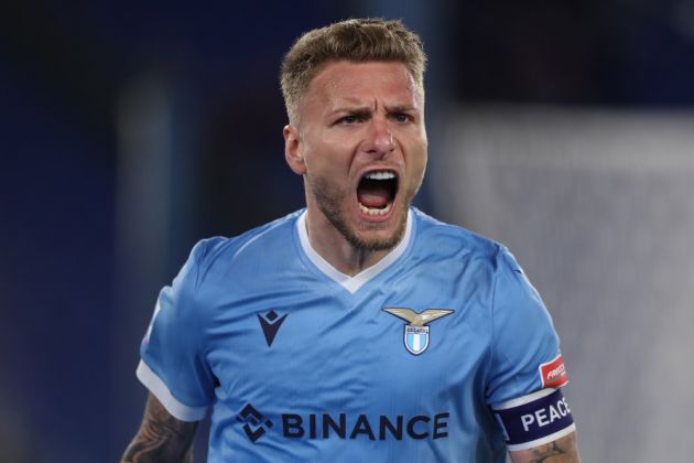 Ciro Immobile of Lazio celebrates scoring their side's first goal during the Serie A match between SS Lazio and Torino FC at Stadio Olimpico on April 16, 2022 in Rome, Italy.