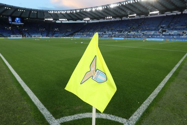 A general view of a SS Lazio branded corner flag prior to kick off of the Serie A match between SS Lazio and Torino FC at Stadio Olimpico on April 16, 2022 in Rome, Italy.