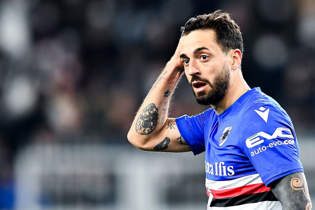 GENOA, ITALY - MARCH 12: Lazio target Francesco Caputo of Sampdoria looks on during the Serie A match between UC Sampdoria and Juventus FC at Stadio Luigi Ferraris on March 12, 2022 in Genoa, Italy. (Photo by Getty Images)