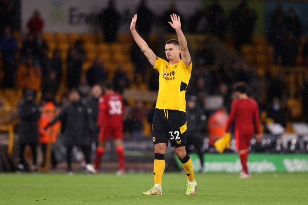 WOLVERHAMPTON, ENGLAND - DECEMBER 04: Leander Dendoncker of Wolverhampton Wanderers acknowledges the fans after the Premier League match between Wolves and Liverpool at Molineux on December 04, 2021 in Wolverhampton, England. (Photo by Naomi Baker/Getty Images)