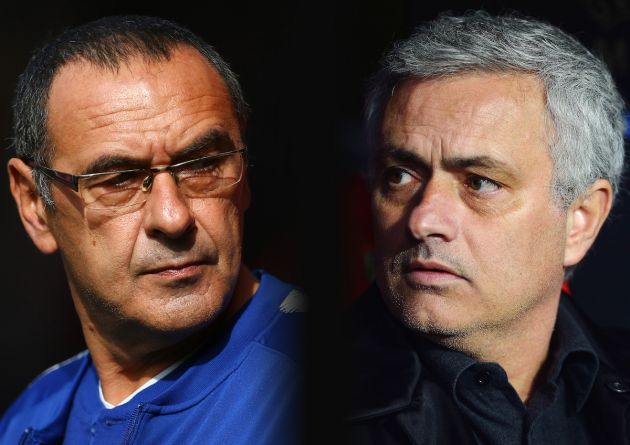 FILE PHOTO (EDITORS NOTE: COMPOSITE OF IMAGES - Image numbers 1047091738,922326746 - GRADIENT ADDED) In this composite image a comparison has been made between Maurizio Sarri, Manager of Chelsea (L) and Jose Mourinho, Manager of Manchester United. Chelsea FC and Manchester United meet in a Premier league fixture on October 20, 2018 at Stamford Bridge,London.***LEFT IMAGE*** SOUTHAMPTON, ENGLAND - OCTOBER 07: Maurizio Sarri, Manager of Chelsea looks on prior to the Premier League match between Southampton FC and Chelsea FC at St Mary's Stadium on October 7, 2018 in Southampton, United Kingdom. (Photo by Jordan Mansfield/Getty Images) ***RIGHT IMAGE*** SEVILLE, SPAIN - FEBRUARY 21: Jose Mourinho, Manager of Manchester United looks on during the UEFA Champions League Round of 16 First Leg match between Sevilla FC and Manchester United at Estadio Ramon Sanchez Pizjuan on February 21, 2018 in Seville, Spain. (Photo by Aitor Alcalde/Getty Images)