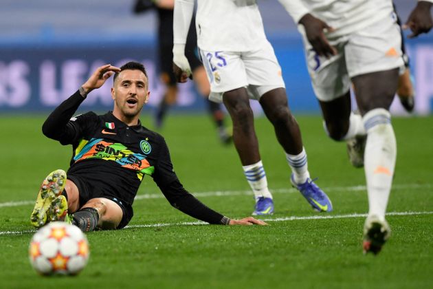 Inter Milan midfielder and Lazio linked Matias Vecino falls down on the field during the UEFA Champions League first round group D football match between Real Madrid and Inter Milan at the Santiago Bernabeu stadium in Madrid on December 7, 2021. (Photo by OSCAR DEL POZO / AFP) (Photo by OSCAR DEL POZO/AFP via Getty Images)