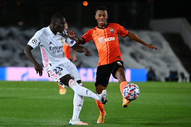 Real Madrid defender Ferland Mendy (L) challenges Shakhtar Donetsk midfielder Marcos Antonio during the UEFA Champions League group B football match between Real Madrid and Shakhtar Donetsk at the Alfredo di Stefano stadium in Valdebebas on the outskirts of Madrid on October 21, 2020. (Photo by GABRIEL BOUYS / AFP) (Photo by GABRIEL BOUYS/AFP via Getty Images)