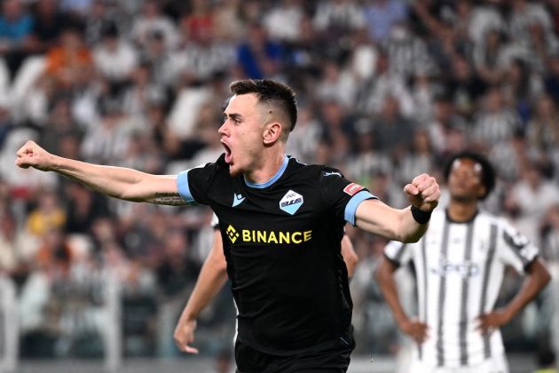 Lazio defender Patric (C) celebrates his goal during the Serie A football match Juventus vs Lazio at the Allianz Stadium in Turin, on May 16, 2022. (Photo by MARCO BERTORELLO / AFP) (Photo by MARCO BERTORELLO/AFP via Getty Images)