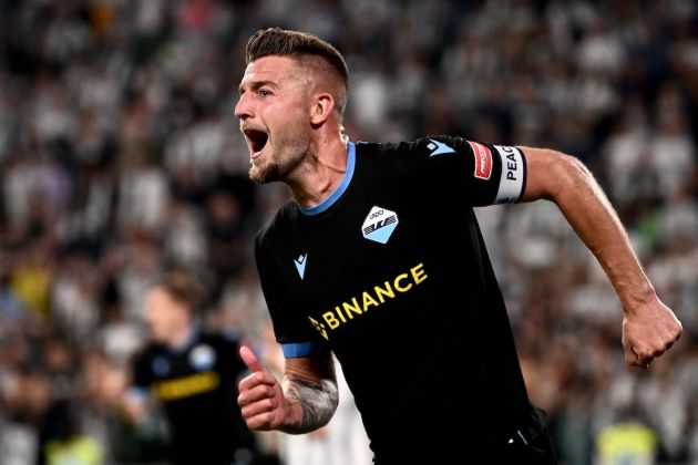 Lazio midfielder and Arsenal linked Sergej Milinkovic-Savic celebrates scoring a goal during the Serie A football match Juventus vs Lazio at the Allianz Stadium in Turin, on May 16, 2022. (Photo by MARCO BERTORELLO / AFP) (Photo by MARCO BERTORELLO/AFP via Getty Images)