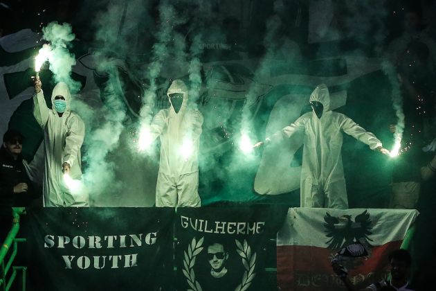Sporting CP (home of Kiko Felix) supporters light flares during the Portuguese league football match between Sporting CP and CD Santa Clara at the Jose Alvalade stadium in Lisbon on May 14, 2022. (Photo by CARLOS COSTA / AFP) (Photo by CARLOS COSTA/AFP via Getty Images)