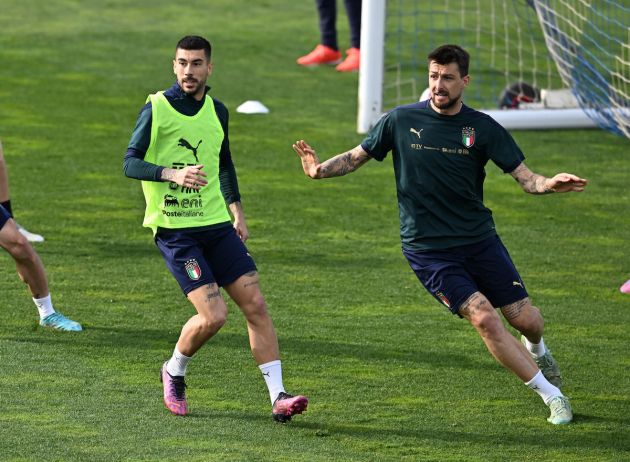 FLORENCE, ITALY - MARCH 27: Francesco Acerbi and Mattia Zaccagni of Lazio and Italy in action during a Italy training session at Centro Tecnico Federale di Coverciano on March 27, 2022 in Florence, Italy. (Photo by Claudio Villa/Getty Images)