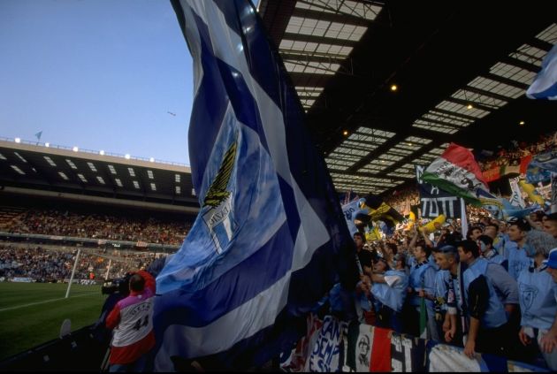 19 May 1999: Lazio fans show their support for the team during the European Cup Winners Cup Final match against Real Mallorca played at Villa Park in Birmingham, England. The match finished in a 2-1 win for Lazio. Mandatory Credit: Ben Radford /Allsport