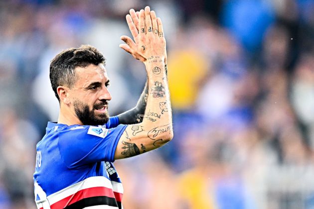 GENOA, ITALY - MAY 16: Francesco Caputo of Sampdoria greets the crowd after the Serie A match between UC Sampdoria and ACF Fiorentina at Stadio Luigi Ferraris on May 16, 2022 in Genoa, Italy. (Photo by Getty Images)