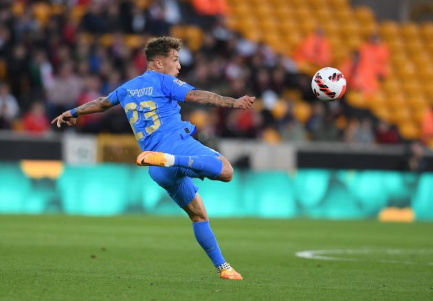 WOLVERHAMPTON, ENGLAND - JUNE 11: Salvatore Esposito of Italy in action during the UEFA Nations League League A Group 3 match between England and Italy at Molineux on June 11, 2022 in Wolverhampton, England. (Photo by Claudio Villa/Getty Images)
