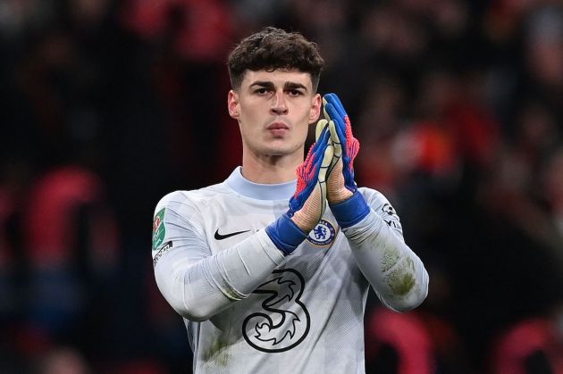 Chelsea goalkeeper Kepa Arrizabalaga applauds the fans after a penalty shoot-out during the English League Cup final football match between Chelsea and Liverpool at Wembley Stadium, north-west London on February 27, 2022. - Liverpool won the match 11-10 on penalties after extra time. - RESTRICTED TO EDITORIAL USE. No use with unauthorized audio, video, data, fixture lists, club/league logos or 'live' services. Online in-match use limited to 120 images. An additional 40 images may be used in extra time. No video emulation. Social media in-match use limited to 120 images. An additional 40 images may be used in extra time. No use in betting publications, games or single club/league/player publications. (Photo by Glyn KIRK / AFP) / RESTRICTED TO EDITORIAL USE. No use with unauthorized audio, video, data, fixture lists, club/league logos or 'live' services. Online in-match use limited to 120 images. An additional 40 images may be used in extra time. No video emulation. Social media in-match use limited to 120 images. An additional 40 images may be used in extra time. No use in betting publications, games or single club/league/player publications. / RESTRICTED TO EDITORIAL USE. No use with unauthorized audio, video, data, fixture lists, club/league logos or 'live' services. Online in-match use limited to 120 images. An additional 40 images may be used in extra time. No video emulation. Social media in-match use limited to 120 images. An additional 40 images may be used in extra time. No use in betting publications, games or single club/league/player publications. (Photo by GLYN KIRK/AFP via Getty Images)