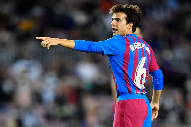 Barcelona midfielder Riqui Puig gestures during the Spanish League football match between FC Barcelona and Deportivo Alaves at the Camp Nou stadium in Barcelona on October 30, 2021. (Photo by Pau BARRENA / AFP) (Photo by PAU BARRENA/AFP via Getty Images)