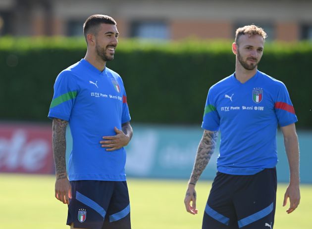FLORENCE, ITALY - JUNE 02: Mattia Zaccagni and Manuel Lazzari of Italy look on during a Italy training session at Centro Tecnico Federale di Coverciano on June 02, 2022 in Florence, Italy. (Photo by Claudio Villa/Getty Images)