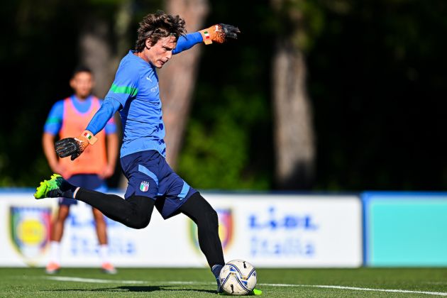 TIRRENIA, ITALY - MAY 31: Lazio linked Marco Carnesecchi of Italy is seen in action during an Italy U21 Training Session on May 31, 2022 in Tirrenia, Italy. (Photo by Simone Arveda/Getty Images)