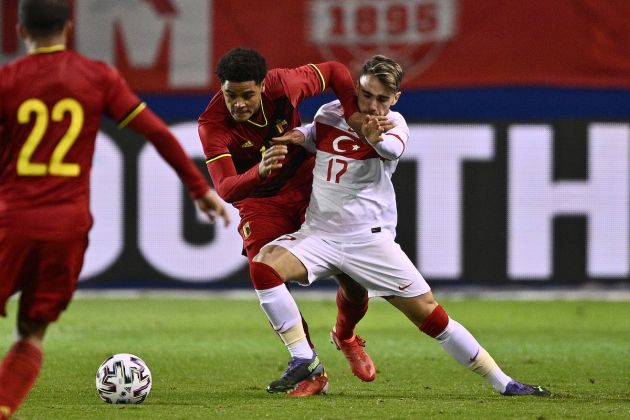 Belgium player Koni De Winter and Lazio linked Yunus Akgun fight for the ball during a soccer game between the U21 teams of Belgium and Turkey, Friday 12 November 2021 in Heverlee, the fifth qualification match (out of 8) in the group I, for the 2023 Under-21 European Championships. BELGA PHOTO JOHAN EYCKENS (Photo by JOHAN EYCKENS/BELGA MAG/AFP via Getty Images)