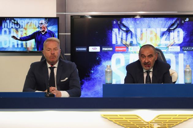 Igli tare and Maurizio Sarri at a Lazio press conference ahead of transfer window.
