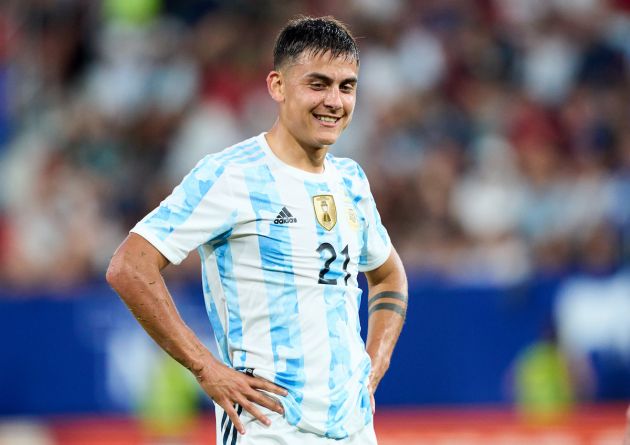 PAMPLONA, SPAIN - JUNE 05: New Roma signing Paulo Dybala of Argentina reacts during the international friendly match between Argentina and Estonia at Estadio El Sadar on June 05, 2022 in Pamplona, Spain. (Photo by Juan Manuel Serrano Arce/Getty Images)
