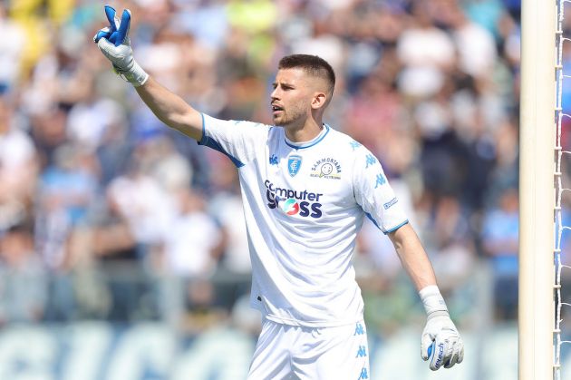 EMPOLI, ITALY - MAY 14: Lazio target Guglielmo Vicario goalkeeper of Empoli FC reacts during the Serie A match between Empoli FC and US Salernitana at Stadio Carlo Castellani on May 14, 2022 in Empoli, Italy. (Photo by Gabriele Maltinti/Getty Images)
