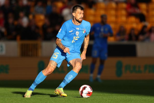 WOLVERHAMPTON, ENGLAND - JUNE 11: Francesco Acerbi of Italy during the UEFA Nations League League A Group 3 match between England and Italy at Molineux on June 11, 2022 in Wolverhampton, England. (Photo by Richard Heathcote/Getty Images)