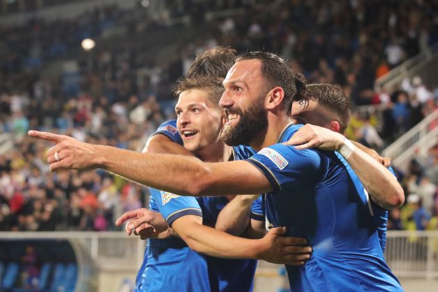 PRISTINA, KOSOVO - JUNE 09: Vedat Muriqi of Kosovo celebrates with teammate's after scoring their team's third goal during the UEFA Nations League League C Group 2 match between Kosovo and Northern Ireland at Fadil Vokrri Stadium on June 09, 2022 in Pristina, Kosovo. (Photo by Armando Babani/Getty Images)